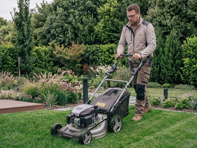 Arbeiter der in einem Garten den rasen mäht.